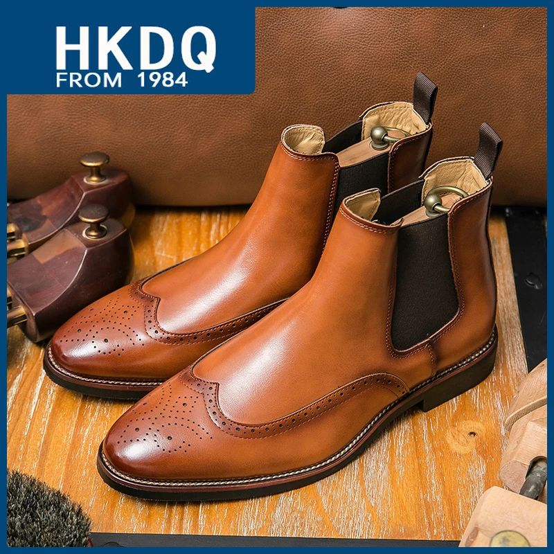 HKDQ Retro Brown Men's Chelsea Boots Men England Style Pointed toe Slip-on Leather Boots For Men Hollow Brogues Ankle Boots Men