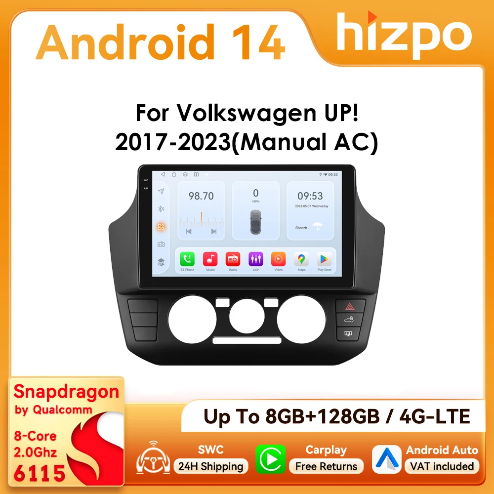 Autoradio Android Hizpo 2Din 9 Pollici per Volkswagen UP 2017 - 2023 A/C Manuale, Snapdragon6115, Stereo GPS DSP 4G, Auto CarPlay, Telecamera 360°