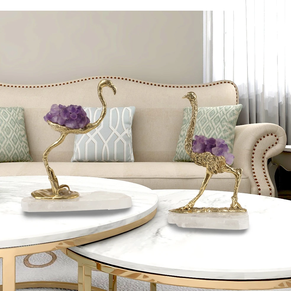 Crystal Bird Ostrich Crane Brass Simulation Animal Sculpture Art Ornament Golden Decorative Figurines Home Decor