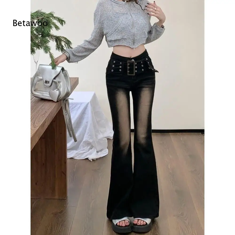 Retro Distressed Washed High Waist Wide Belt Slim Fit Flared Denim Pants