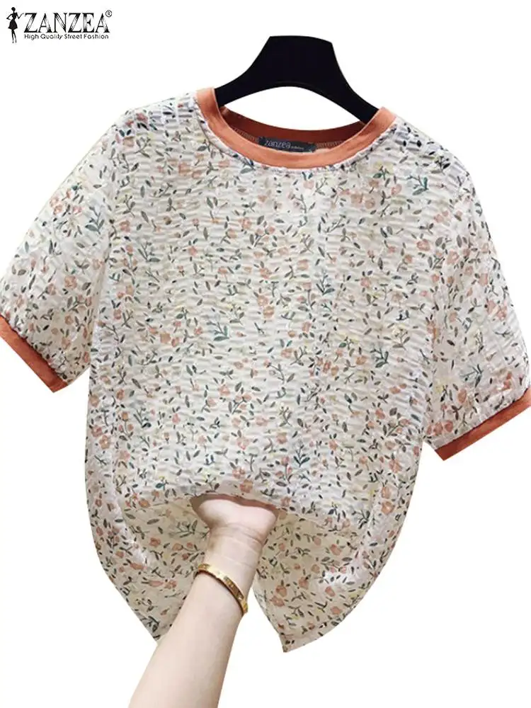 ZANZEA Summer Fashion Patchwork Blouse Women Elegant Short Sleeve Floral Tops Bohemain Holiday Blusas Tunic Casual Work Shirt