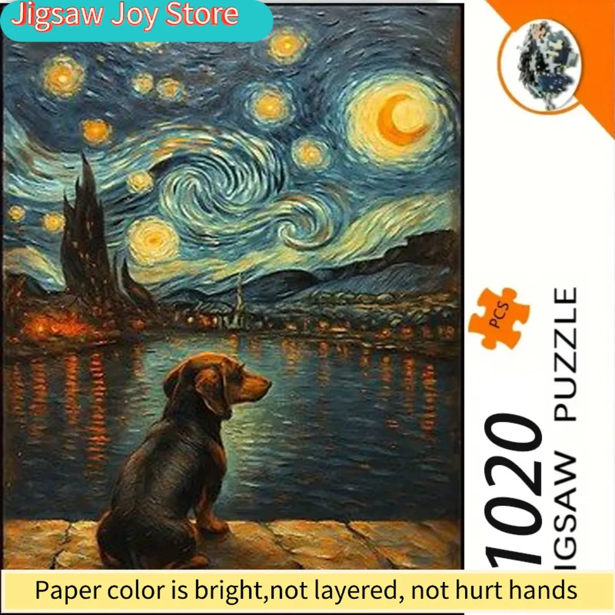 

A 1020pcs Puzzle Designed for Adults And Families, Featuring a Dog Looking at Its Reflection in Water Beneath a Starry Night R