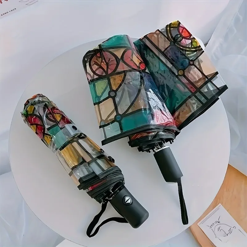 

Романтический прозрачный зонт из витражного стекла, 8 спиц, прочный, автоматическое открытие/закрытие, складной, портативный, с пластиковой ручкой