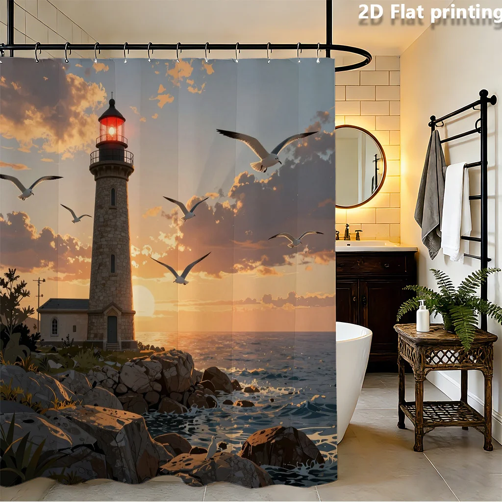 Lighthouse Shower Curtain, Ocean Sunset Seagull Print Waterproof Bathroom Decor, Coastal Nautical Scenery Home Bath Screen
