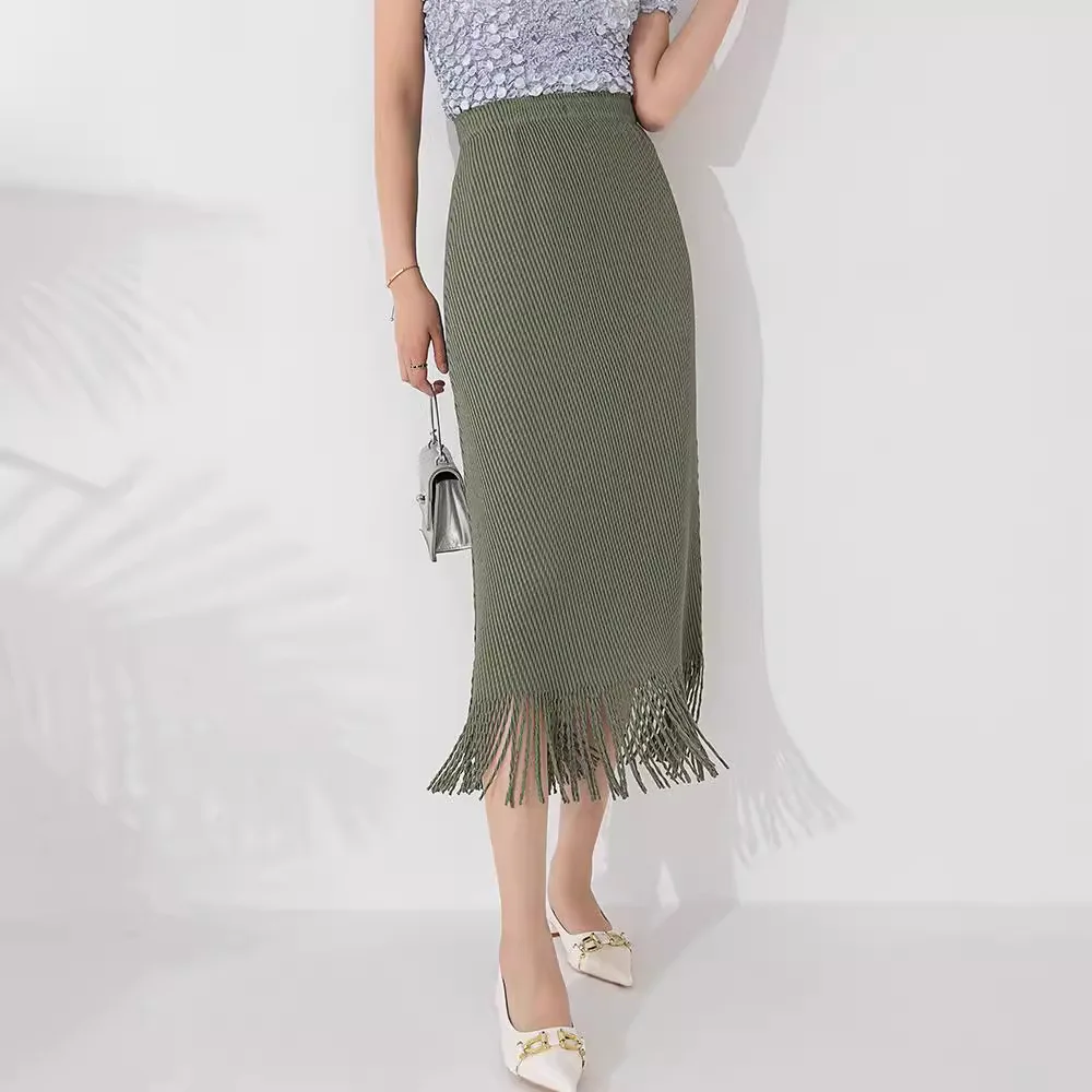 Miyake Style Skirt, High-end Pressed Pleated Fish Scale Pleated Design, Small and Large Size Tassel Long Skirt 2024 Summer New