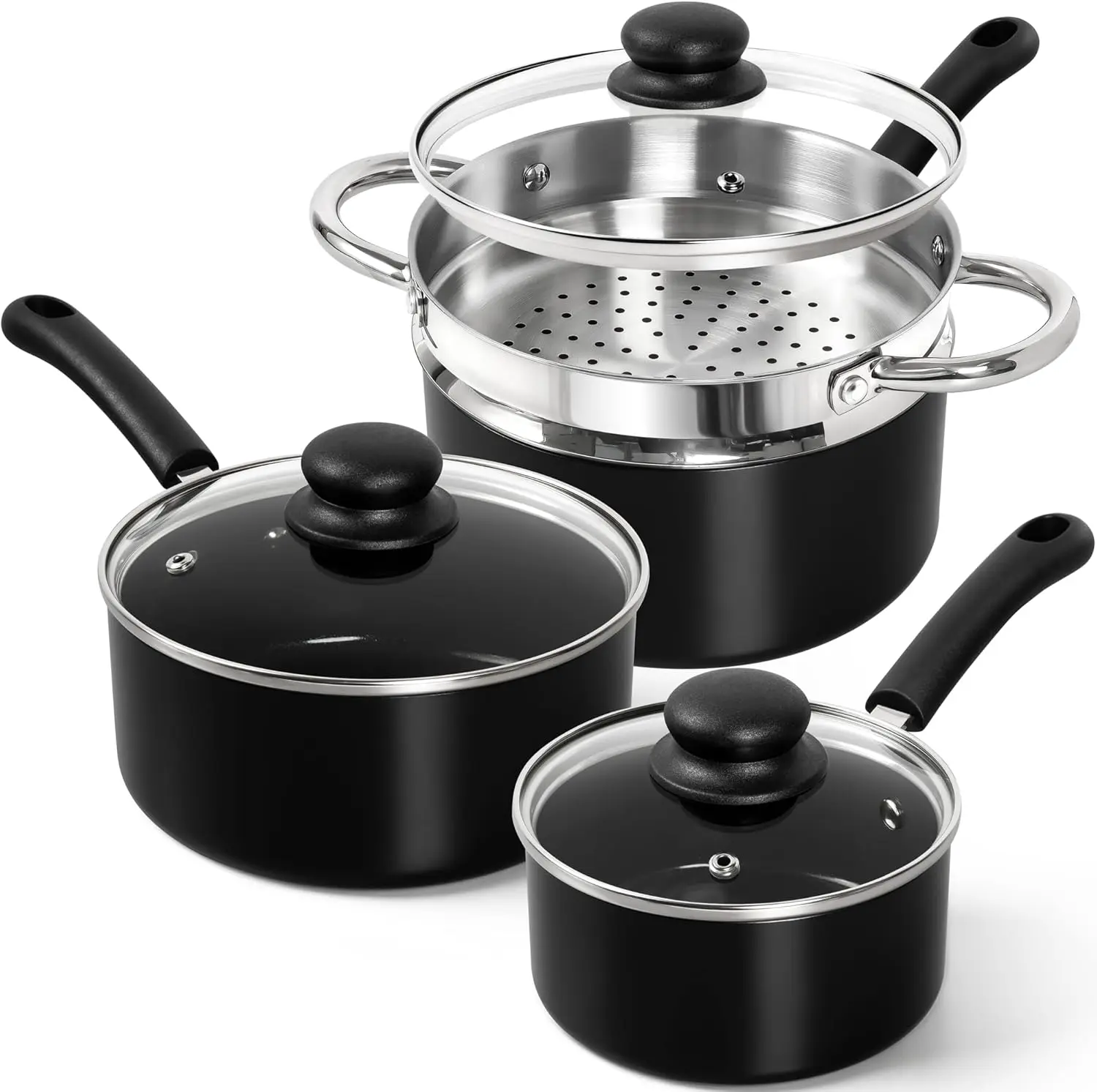 

Ceramic Nonstick Saucepan Set with Steamer, 1QT 2QT 3QT Sizes, Easy Clean Multi-Purpose Cooking Pot Black