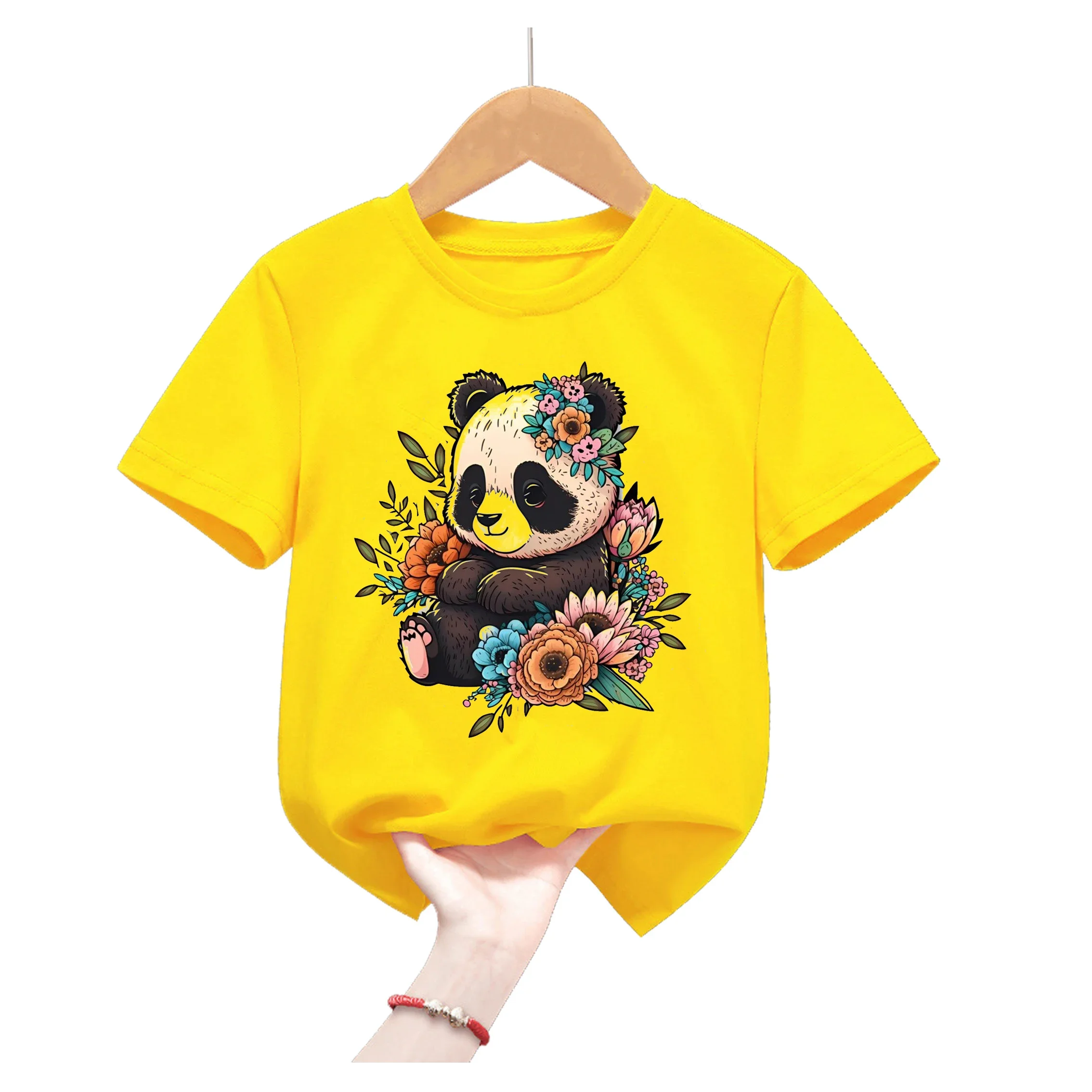 Funny Panda Animal Print Yellow T Shirt For Girls/Boys Kawaii Kids Clothes Summer Short Sleeve Children'S Clothing