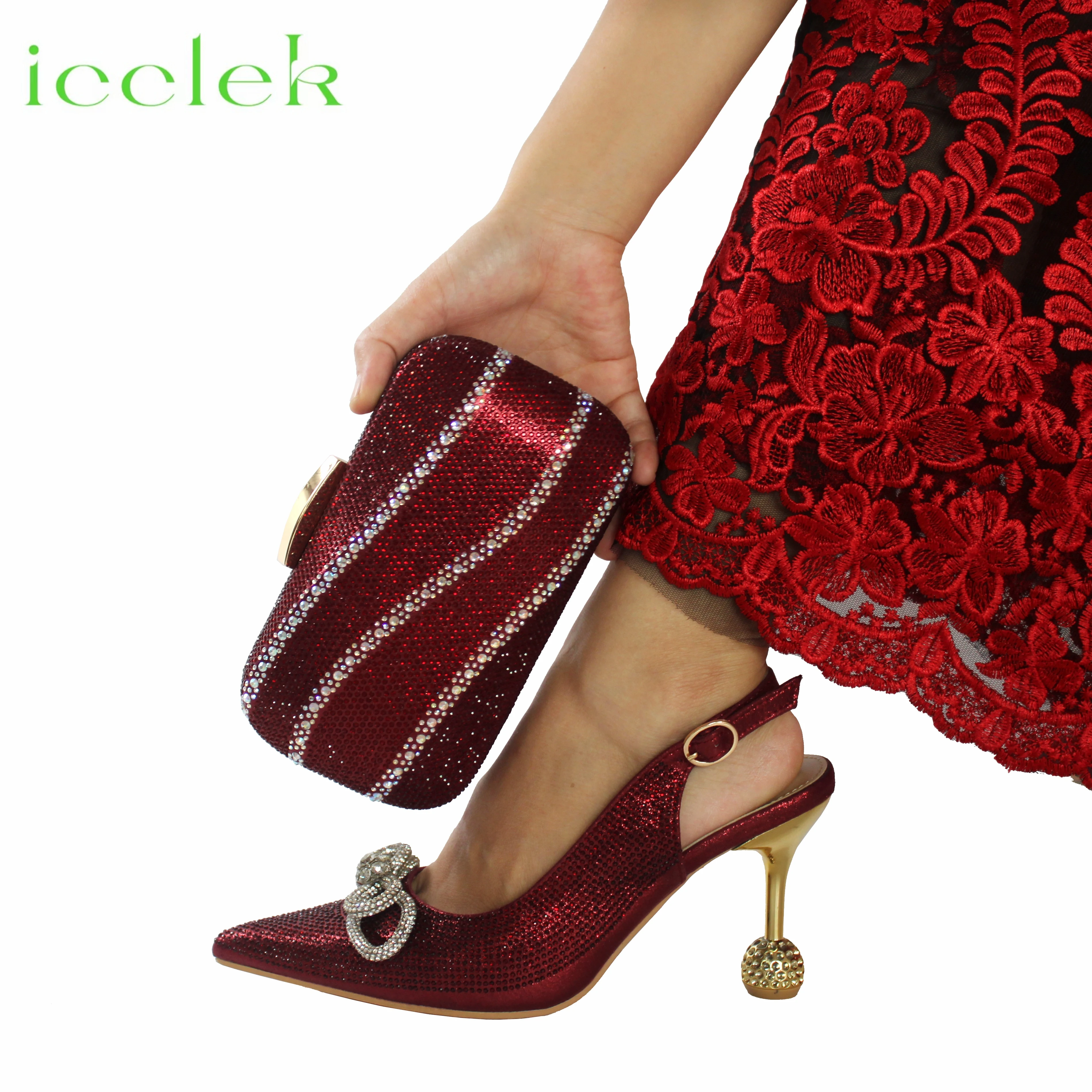 Wine Color Crystal Decoration Style Round Heels Friends Party Sandals Nigerian Fashion Ladies Shoes and Bag For Wedding