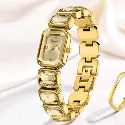 luxury diamond fashion women's watch Small golden square dial quartz watch for women bracelet watch relojes para damas