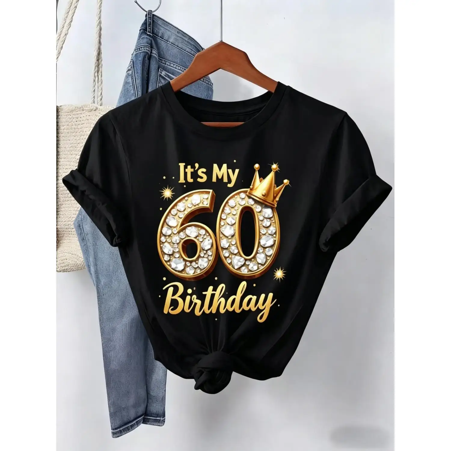 Women's 60th Birthday T-Shirt with Golden Rhinestone Number 60 & Sparkling Crown - 