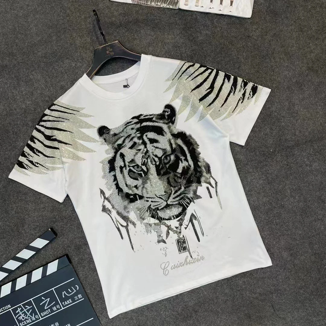 Spring Summer Fashion Brand Rhinestone Tiger Head Wings Short Sleeve T-shirt Men\'s Large Size Loose Handsome Cartoon Tees Top