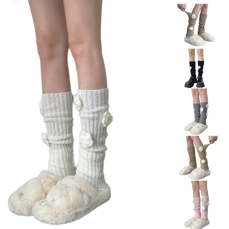 

Ribbed Knit Stretch Leg Warmer Sleeve for Women Girls Sweet 3D Woolen Flower Ruffled Trim Leg Cover Footless Boot Socks