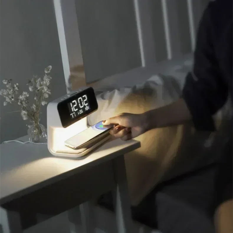 Creative 3 in 1 Bedside Lamp Wireless Charging LCD Screen Alarm Clock Wireless Phone Charger for Iphone Decoration