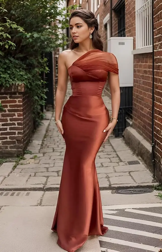 Customized 2025 Gold& Burgundy Mermaid Prom Dresses One Shoulder Satin Evening Formal Party Birthday Gowns Dresses ZJ172