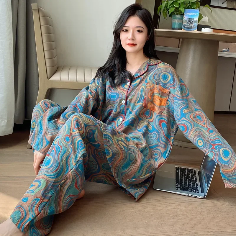 Piyama Katun Murni Ukuran Besar Celana Lengan Panjang Gambar Cetak Wanita Dua Potong Piyama Kardigan Kerah Musim Semi dan Musim Gugur Set Tipis