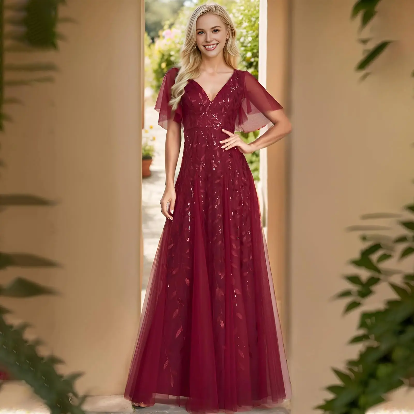 

Womens Plus Size V-Neck Sequin Emboridery Formal Evening Dresses with Sleeves