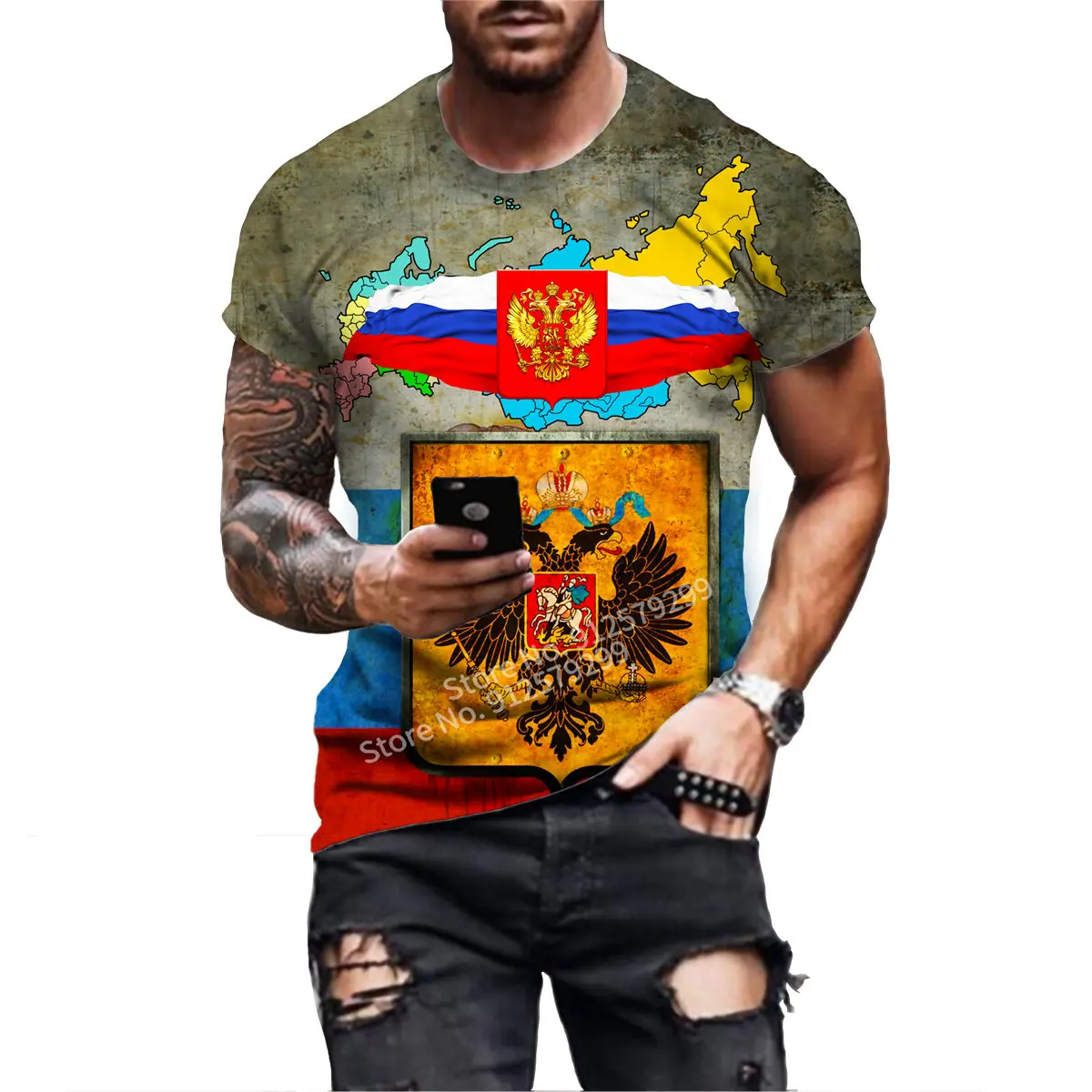 2022 Men Clothes Summer New Men\'s Russia Short Sleeve T Shirt Sport Casual Russia Flag Hip Hop Tops