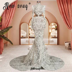 2024 White Long Sleeve Evening Dresses Elegant Pearls Formal Party Gowns With Lace Ivory Robes De Soirée Celebrity Dresses