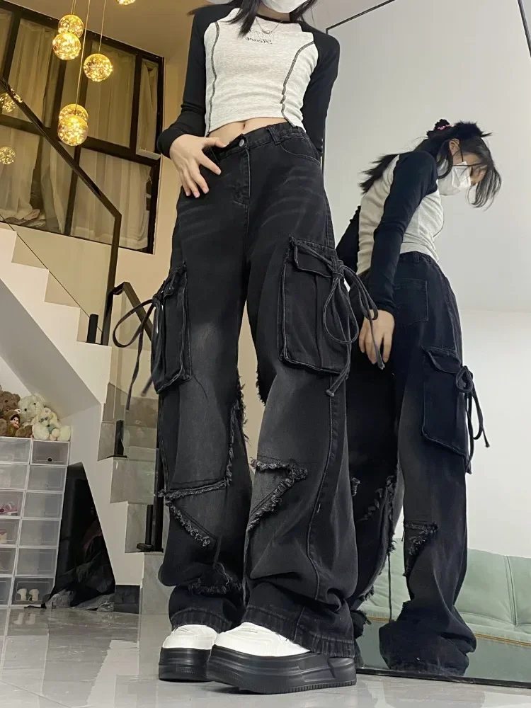 

Vintage Y2k Women Black Baggy Cargo Jeans with Star Gothic Harajuku 90s Aesthetic Denim Trousers Kpop 2000s Jean Pants