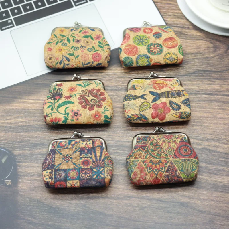 24pcs Coin Purses Retro Cork Leather  Fish Geometry Printing Light Protable Hasp Wallet