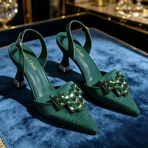 Women Green Satin Slingback High Heels Pointed Toe Emerald Crystal Rhinestone Sandals Wedding Evening Party Formal Dress Pumps