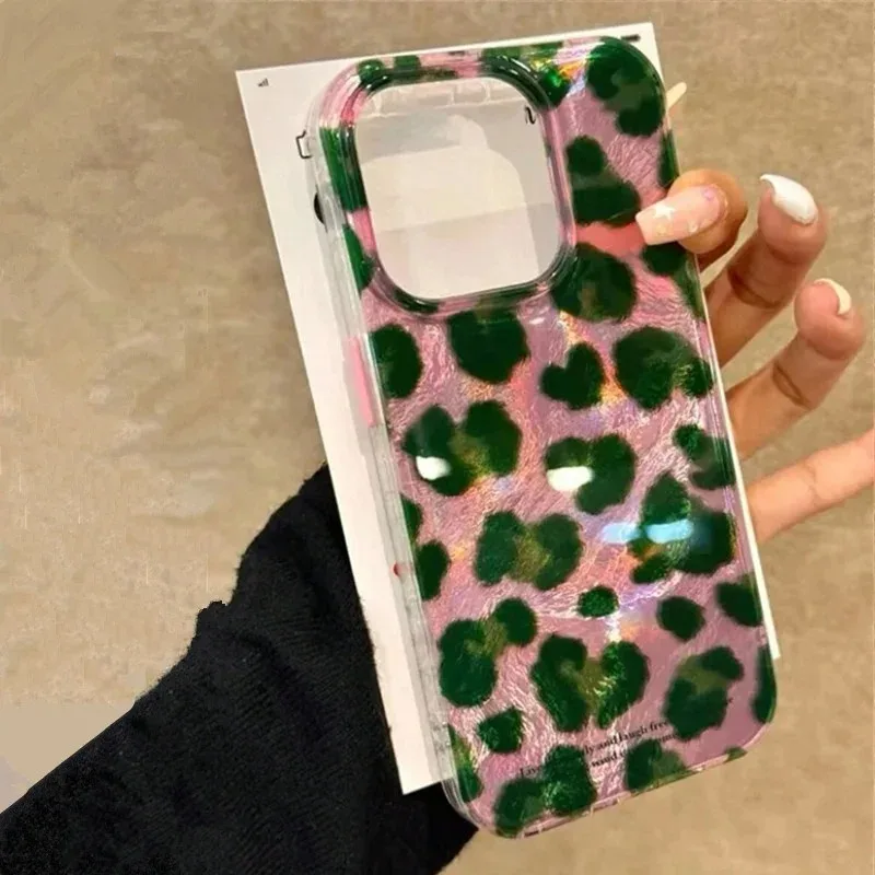 Fashion Green Leopard Print Pink Shining Phone Case For iPhone 17Air 17 16 15 14 13 12 11 Pro Max 7 8 Plus XR XS Max Y2K Cover
