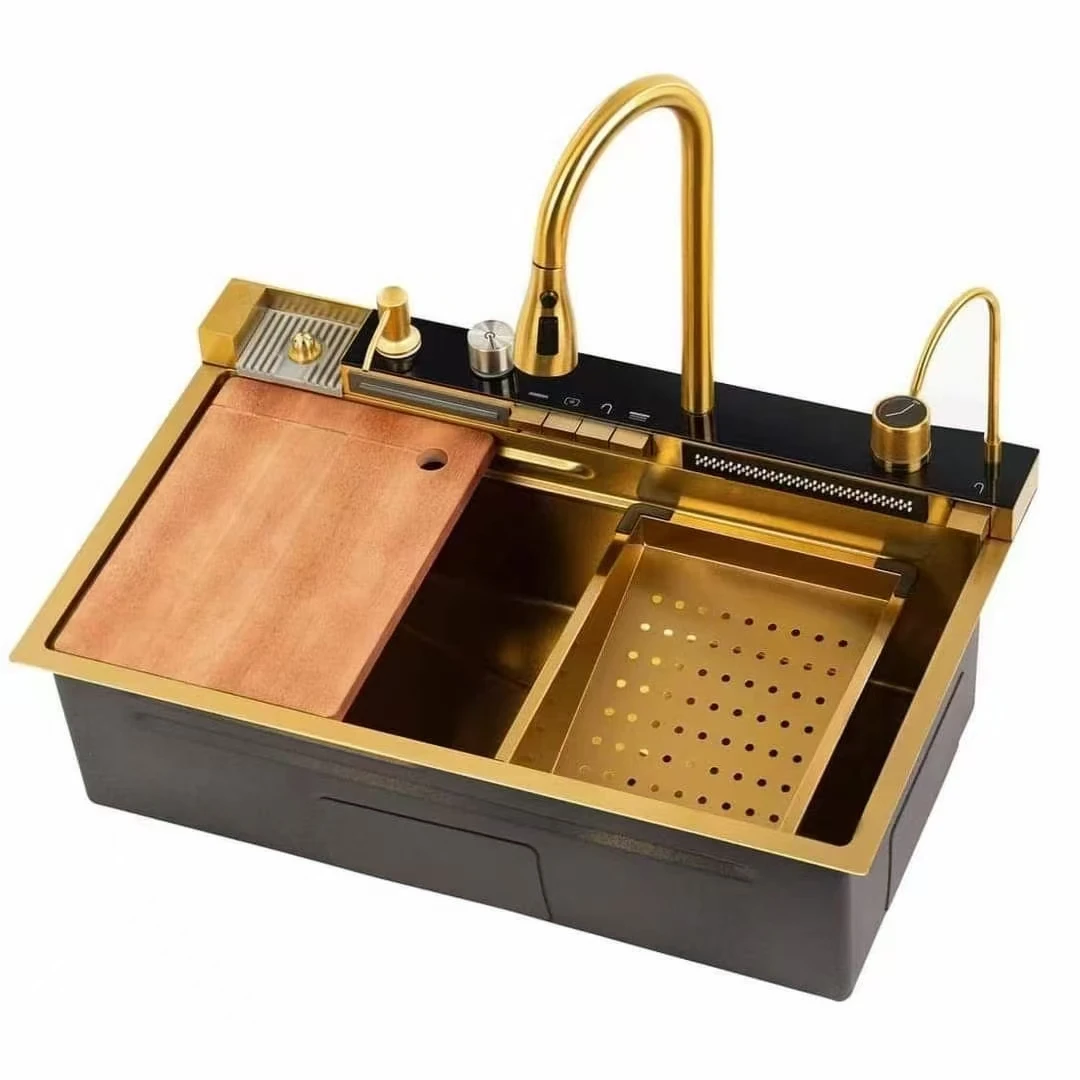 モダンなステンレス製キッチンシンク、蛇口付き、ナノ研磨仕上げの長方形シングルボウル、ウォーターフォールデザイン