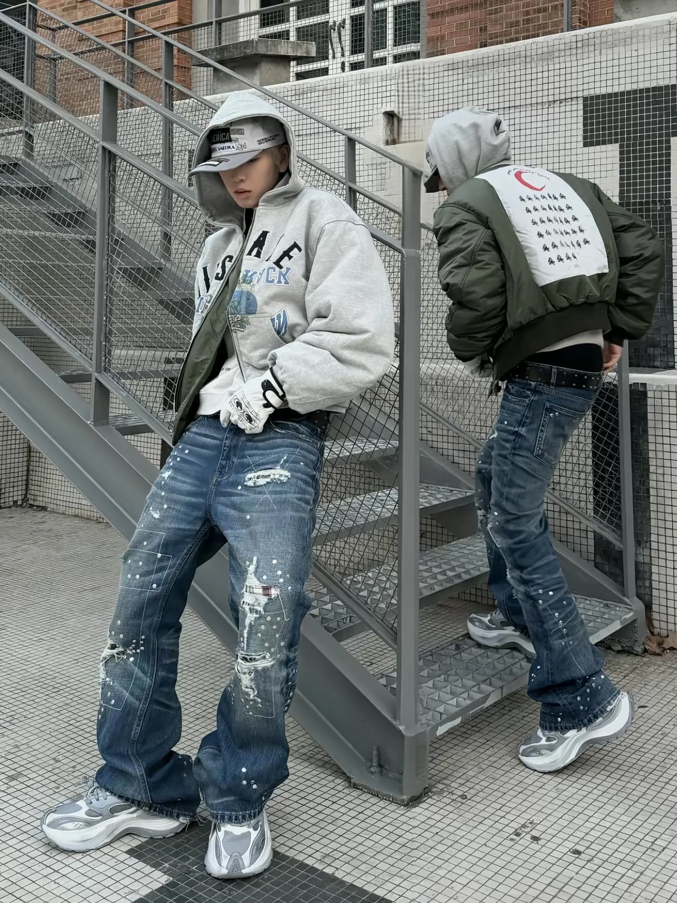 Street Style Vintage Men's Denim Jeans Patchwork Ripped Rivet Design Straight Leg Pants Casual Versatile mid Waist Zipper
