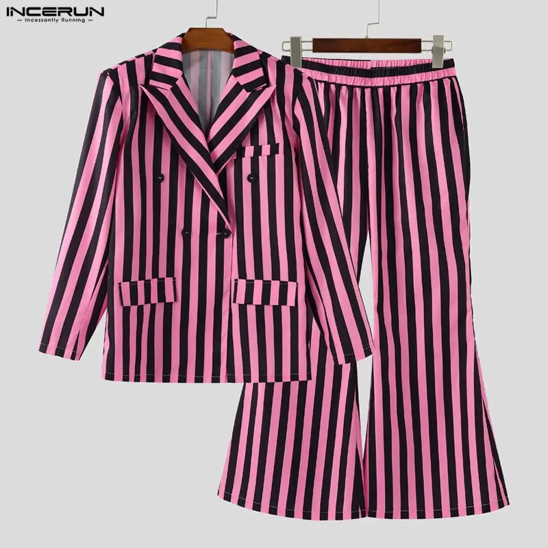 INCERUN أطقم رجالية مخططة بأكمام طويلة سترة مزدوجة الصدر وسراويل مضيئة طقم مكون من قطعتين ملابس خروج عصرية للرجال بدل غير رسمية #4