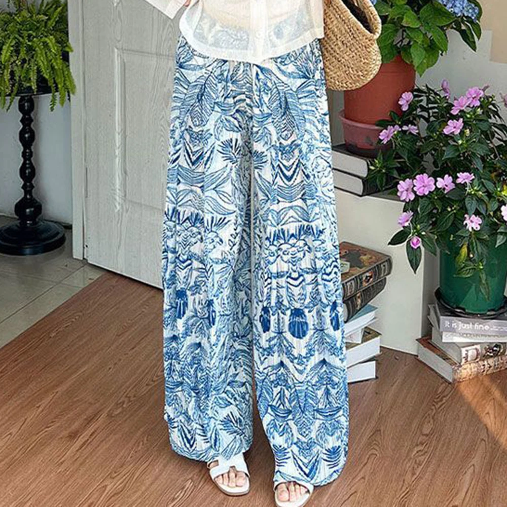 Pantalones con estampado de porcelana blanca y azul, pantalones de pierna ancha holgados informales plisados, pantalones de tubo nuevos de estilo nacional de cintura alta para verano