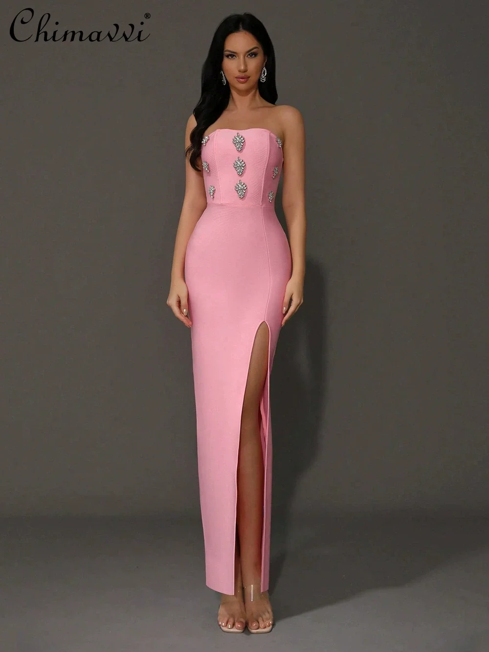 

2026 Summer American Elegant Fashion Socialite Pink Strapless Party Dress Diamond Sleeveless High Waist Bandage Long Dress Women