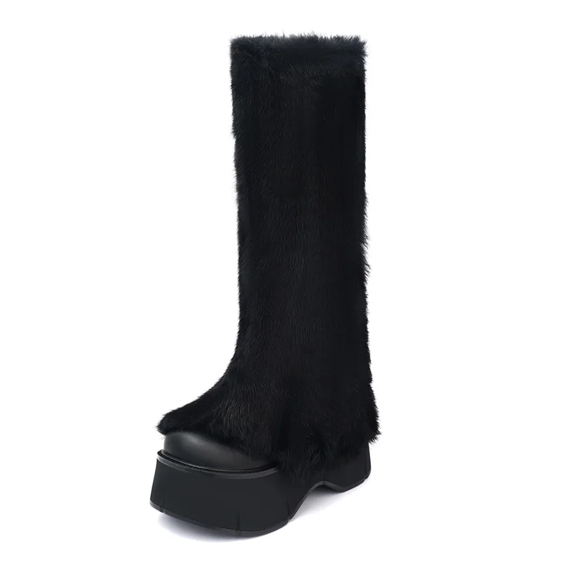 Women's Winter Mid Calf Boots Fur Platforma Snow Boots European Style Slip On Thick Soled Cow Leather Botas Black Warm Boots