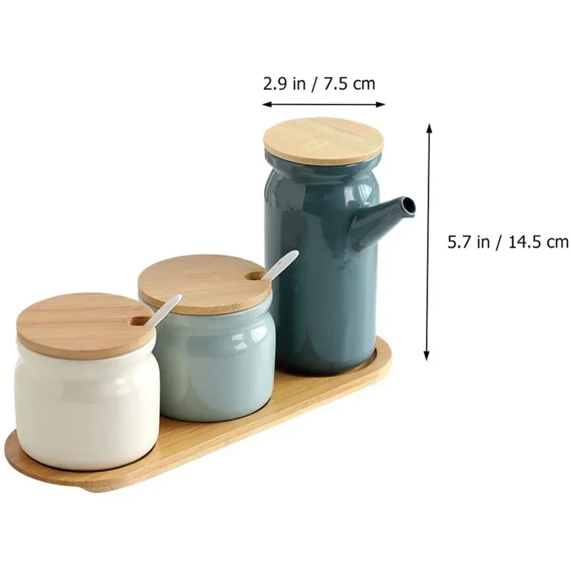 Household Kitchen Seasoning Tank Simple and Solid Color Ceramic Salt Tank Oil Bottle Seasoning Tank Set Bamboo Board Base Set