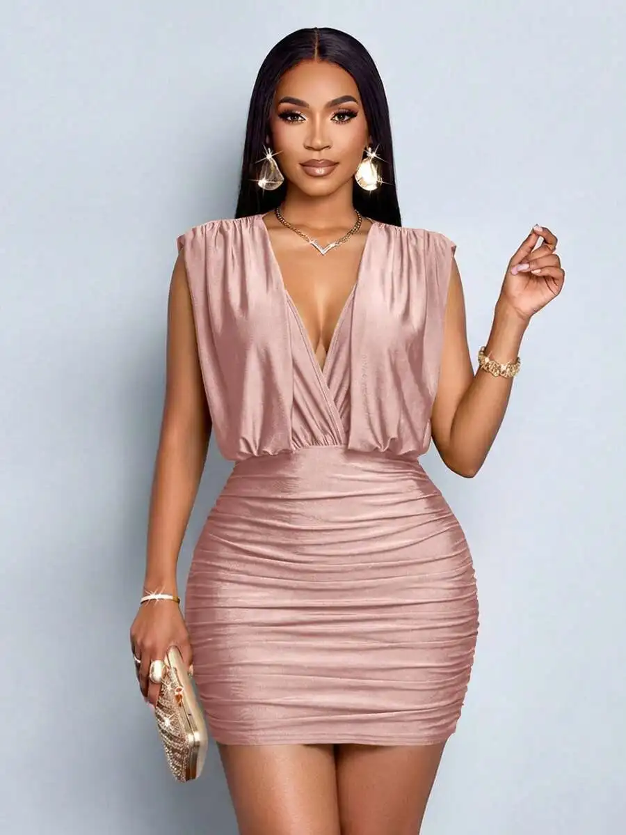 

Womens Solid Color Ruched Deep V-Neck Sleeveless Bodycon Mini Dress For Summer Elegant Casual Outfit