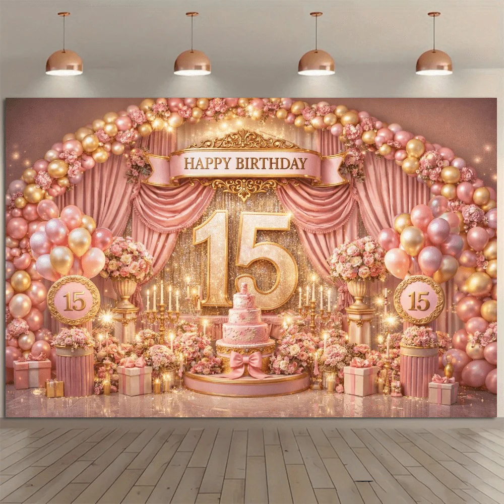 Hintergrund zum 15. Geburtstag, rosa-goldener Ballon-Blumen-Kuchen-Fotografie-Hintergrund für Mädchen-Quinceañera-Party-Dekoration