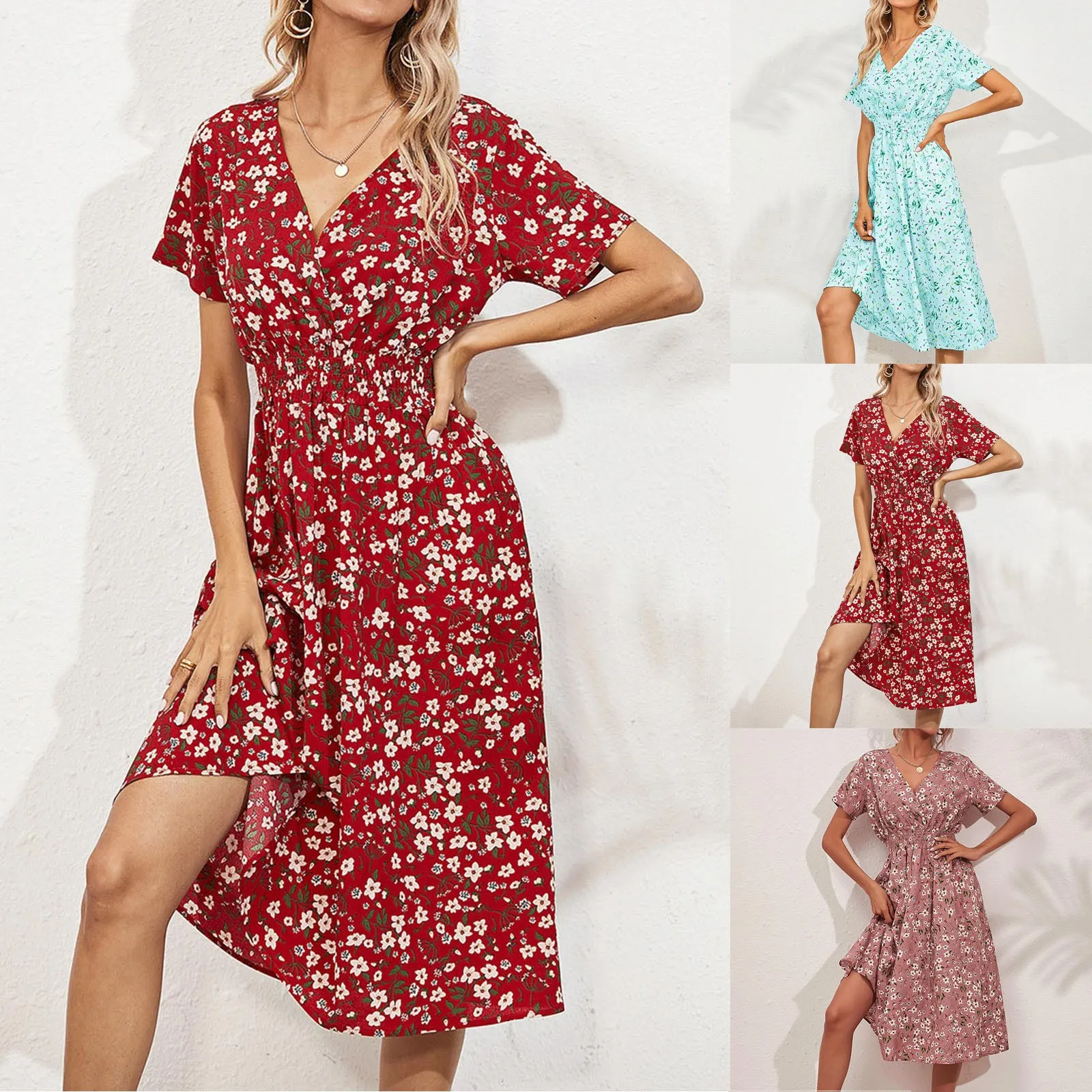 Chiffon Dress Summer Dress 2024 Retro Red Floral Print Female Casual V-neck Short-sleeved A-line Beach Long Robe Dress