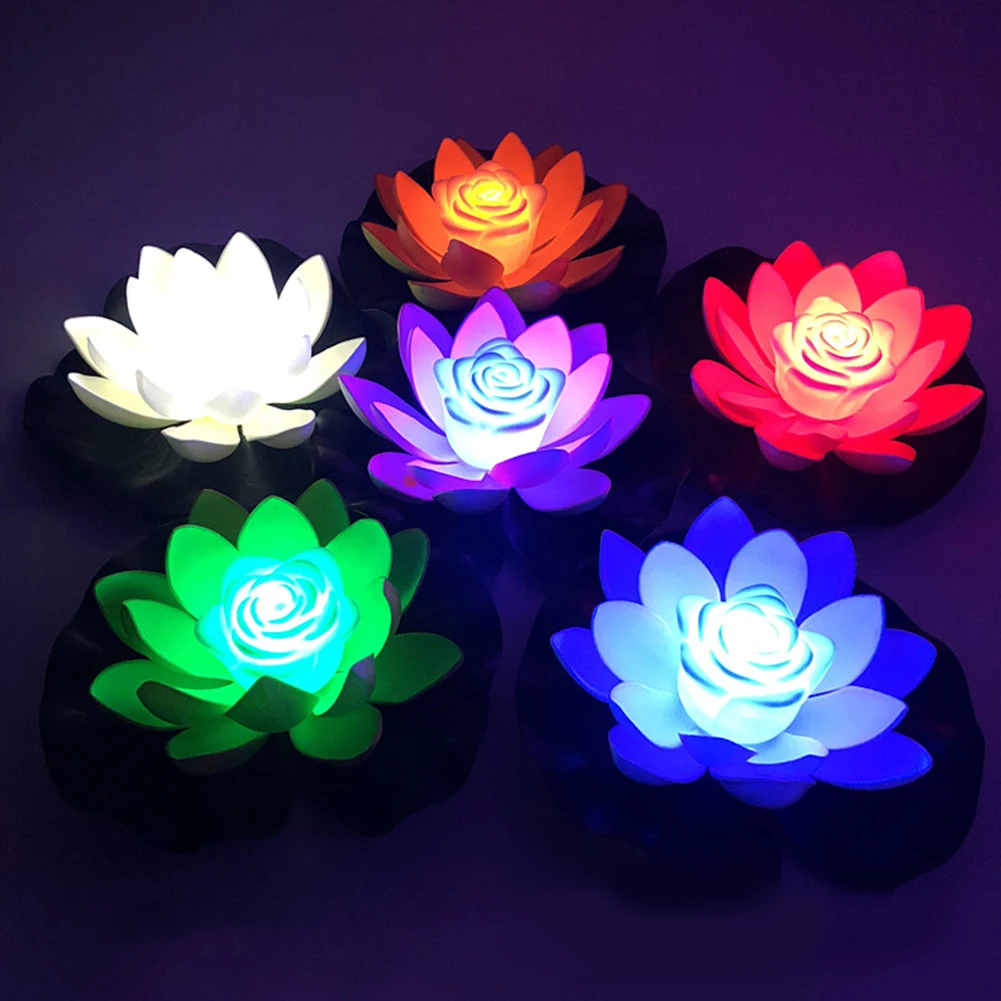 LED Waterproof Floating Lotus Light Battery Operated Artificial Lily Flower Night Lamp Pond Pool Garden Fish Tank Water Decor