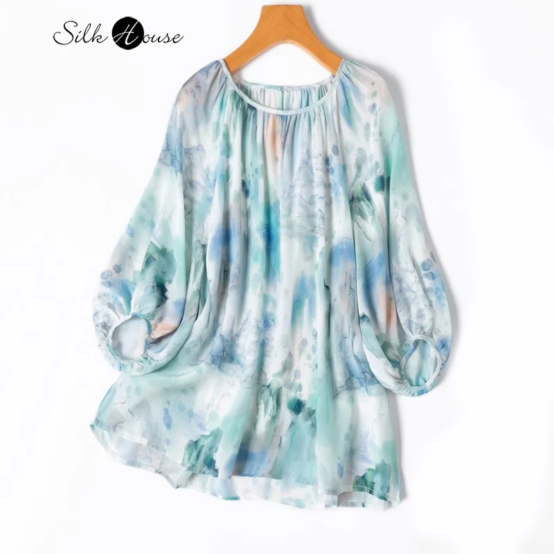 

2024 Women's Summer New Ink Print 100% Natural Mulberry Silk Crepe De Chine French Round Neck Three-quarter Lantern Sleeve Top