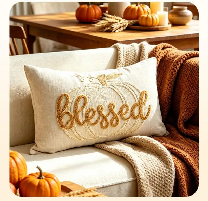 Herbst-Ernte Handtuchbestickter Kürbis-Kissenbezug Cojines Retro Unsichtbarer Reißverschluss Sofa Dekorative Kissenhüllen 30x50cm – Detail 6