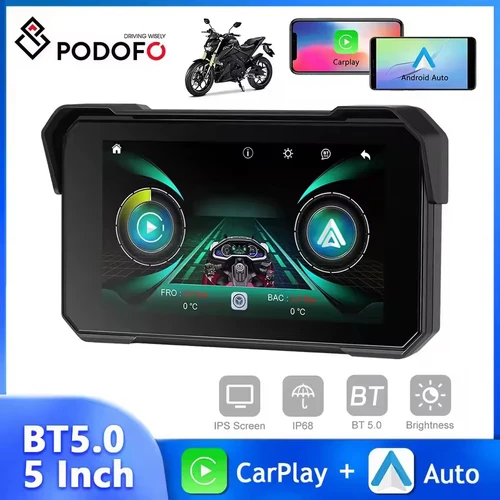 Podofo 5 ''pantalla IPS motocicleta Carplay Android Auto reproductor inteligente portátil IP68 impermeable Bluetooth detección de presión de neumáticos
