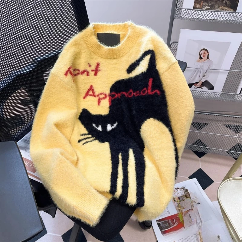 

EBAIHUI Women's Vintage Sweater Mink Plush Cat Pattern Ladies Knitwear Autumn Winter Oversized Round Neck Loose Pullover