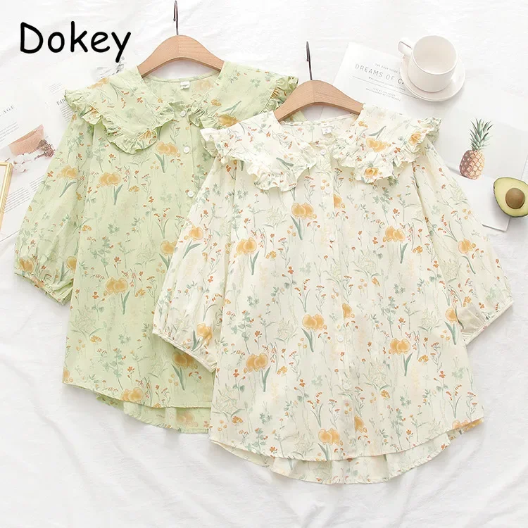 Vintage Peter Pan Collar Shirt for Women, Kawaii Flower Shirts, Casual Button Up, Short Sleeve, Lolita Blouses, Korean Loose Top