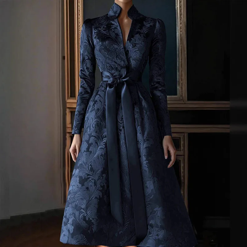 Retro Floral Print Satin Lace-up Bow Long Dress Spring V Neck High Waist Elegant Party Dress Fall Long Sleeve Woman Maxi Dresses
