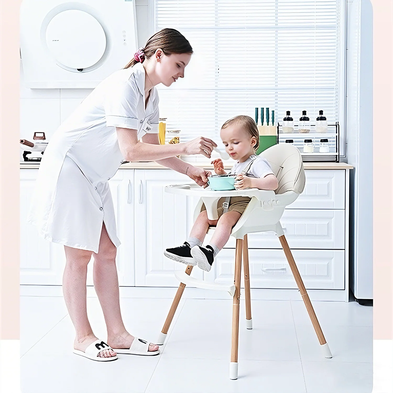 Baby High Chair 2-in-1 Convertible - Adjustable Height, Easy-Clean Tray & Safety Harness for 6M+ Infants/Toddlers (Beige/White)