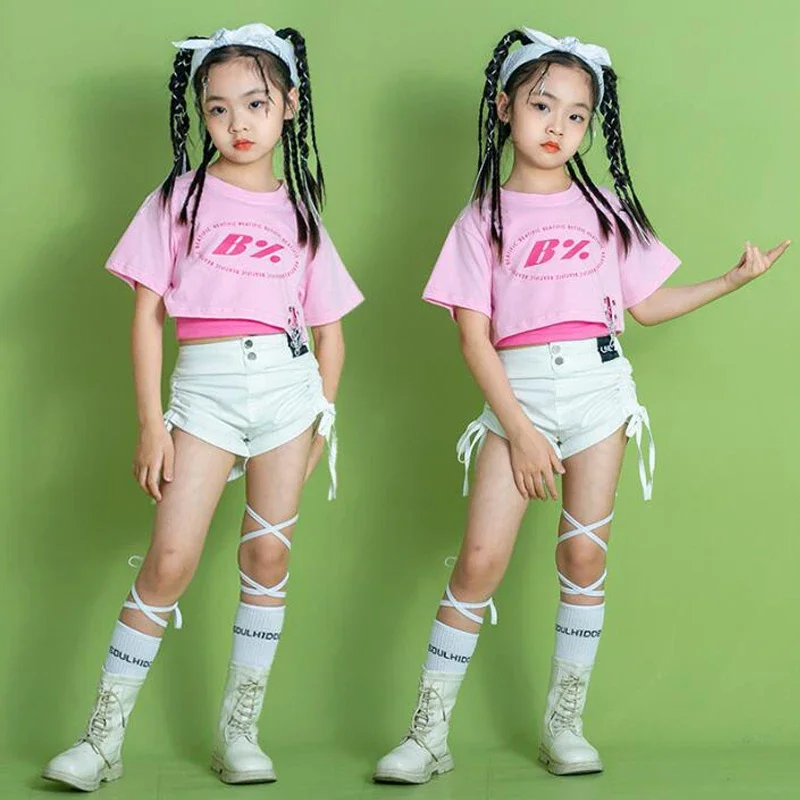 Jogger Pants For Girls Carnival Jazz Dance Costume Clothes Set Kids Hip Hop Clothing Crop Top Tank T Shirt Streetwear Pink Baggy