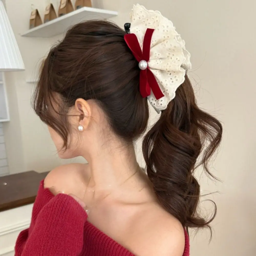 

Cloth Red Velvet Bow Hair Clip Hair Clips Pearl Lace Bow Hairpin Vintage Style Korean Style Bowknot Banana Clip Ponytail Holder