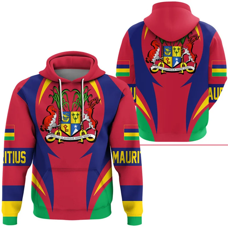 

Fashion 3D The Republic-of Mauritius National Flag Printing Hoodies Mauritius Coat Of Arms Graphic Hooded Sweatshirst Pullovers