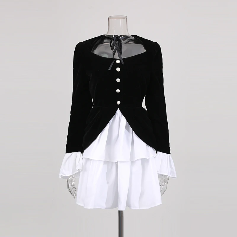 TWOTWINSTYLE Hit Color Loose Mini Dresses for Women Square Neck Long Sleeve High Waist Temperament Dress Female Fashion