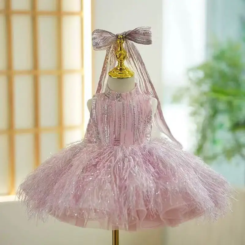 New Sleeveless Wedding Party Gowns for Baby Champagne Flower Girl Dresses with Sequined Feather Dress