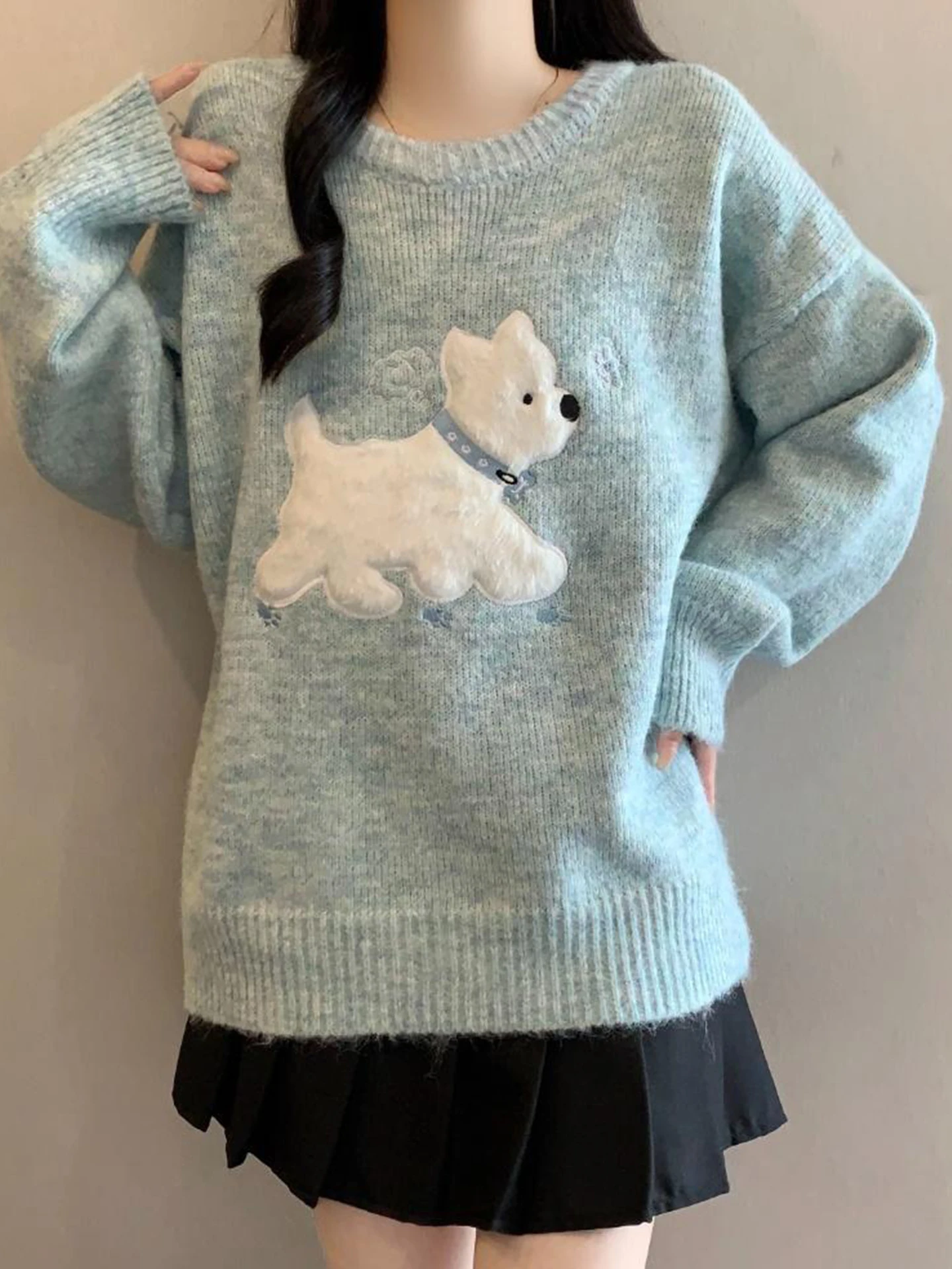 

Синий мягкий свитер с вышивкой в корейском стиле для женщин, осенне-зимний, свободного кроя, вязаный топ, повседневный, в стиле Lazy Sle, больших размеров